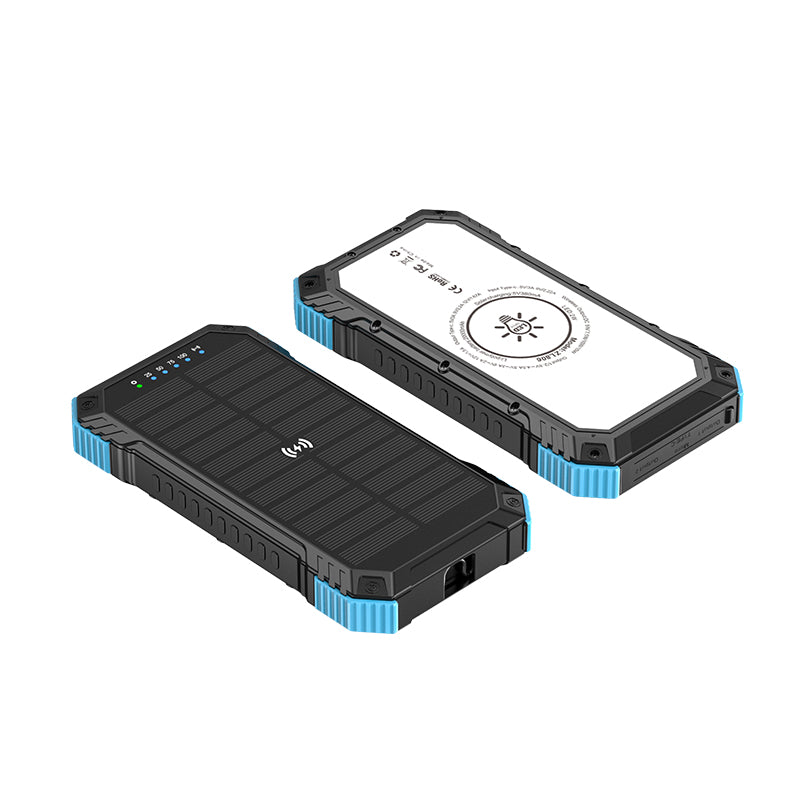 The image shows a portable blue solar power bank with a rugged design, featuring a solar panel on one side and an LED indicator with multiple charging status levels on the other.