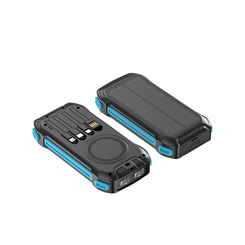 The picture shows two rugged - looking power banks with blue accents; one has a solar panel on the top for charging, while the other features multiple ports including USB and a wireless charging pad on the front.
