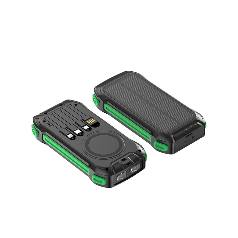 The picture shows two rugged - looking power banks with green accents; one has a solar panel on the top for charging, while the other features multiple ports including USB and a wireless charging pad on the front.
