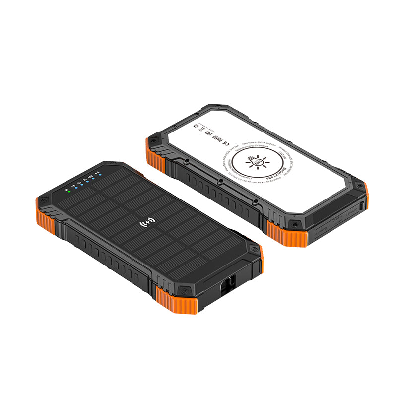 The image shows a portable orange solar power bank with a rugged design, featuring a solar panel on one side and an LED indicator with multiple charging status levels on the other.