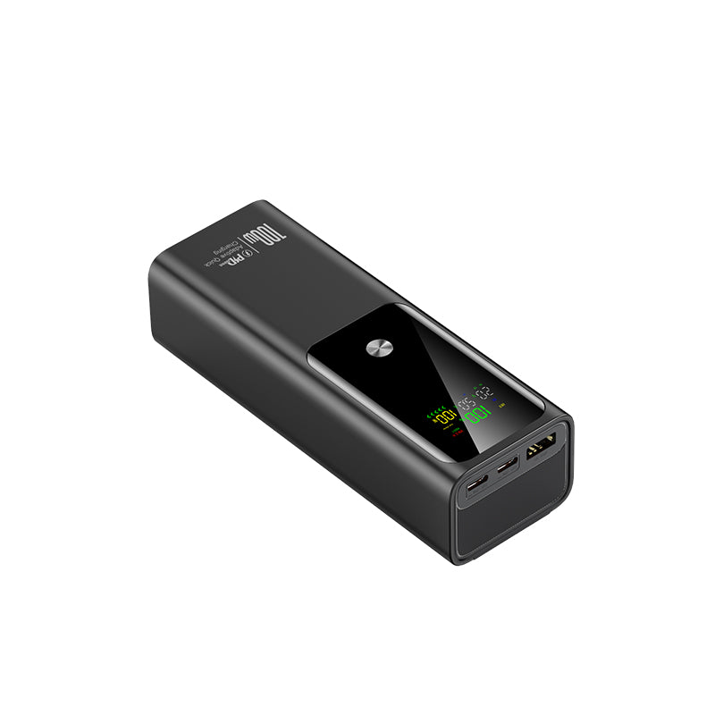 This image shows a black power bank with a digital screen, which can dislay its electronic capacity.It has 100W can satisfied your daily needs,whatever you wanna camping,hiking,or just on the move.