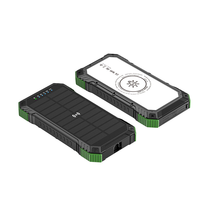 The image shows a portable green solar power bank with a rugged design, featuring a solar panel on one side and an LED indicator with multiple charging status levels on the other.