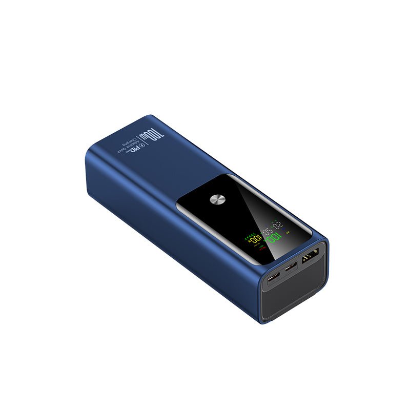 This image shows a  blue power bank with a digital screen, which can dislay its electronic capacity.It has 100W can satisfied your daily needs,whatever you wanna camping,hiking,or just on the move.