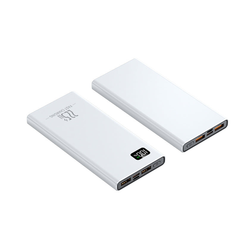 The image shows two white power banks with two USB ports, a digital display, and 22.5W caacity can meet the needs for your emergency. 