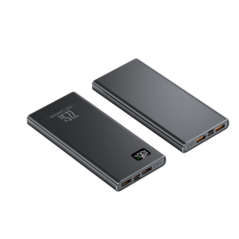 This image shows two black power banks with two usb ports,and very sleek and easy to carry.