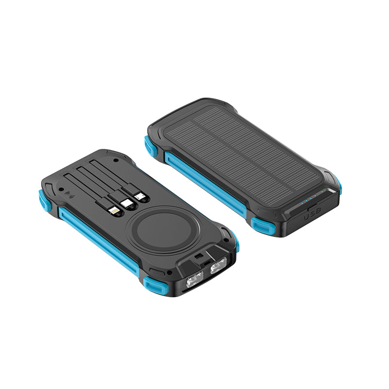 The images show two portable blue power banks with rugged designs, featuring built-in solar panels, multiple charging ports, and possibly other useful features like a flashlight or compass.
