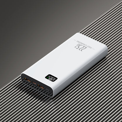 The image shows a white portable power bank with two usb ports, a digital display and 22.5W fast charging functions.