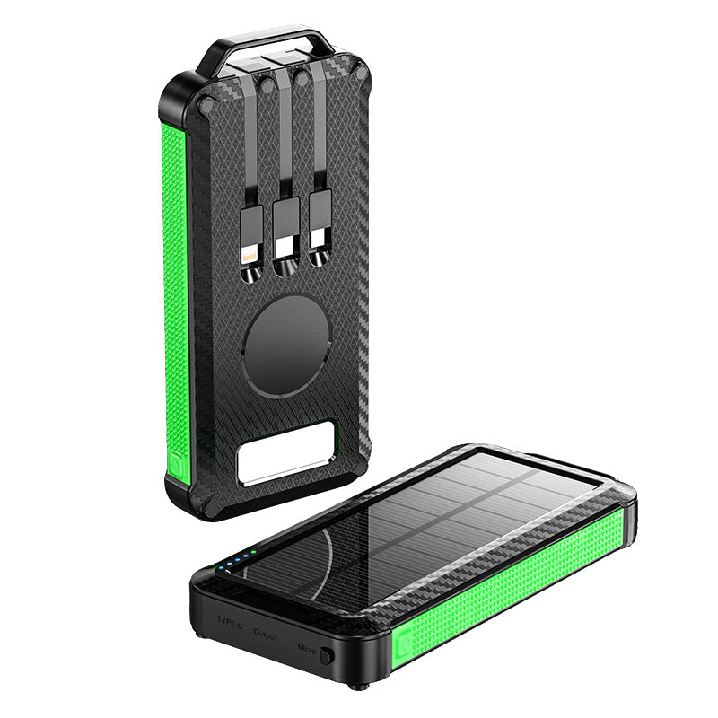 The picture shows a green portable solar power bank with a rugged design, featuring a solar panel on one side for charging, multiple output ports on the other side, and a handle for easy carrying.