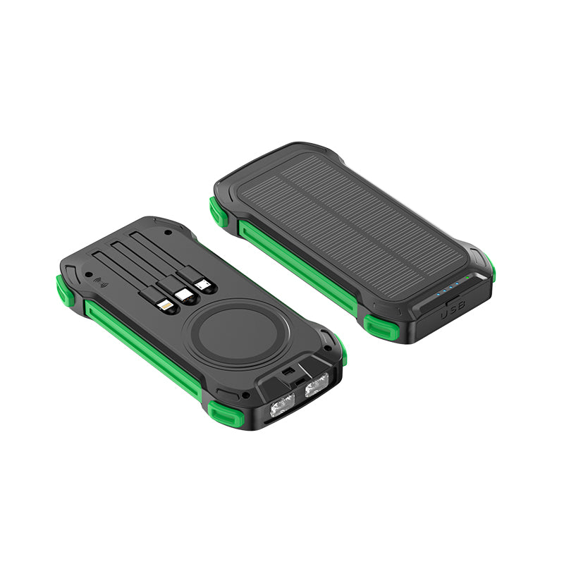 The images show two portable green power banks with rugged designs, featuring built-in solar panels, multiple charging ports, and possibly other useful features like a flashlight or compass.