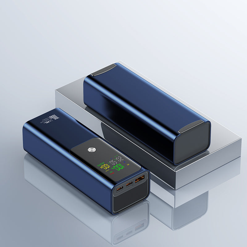 The image shows two blue power banks with a very digital display, 100W capacity and the way of output can meet the multiple needs for your devise.