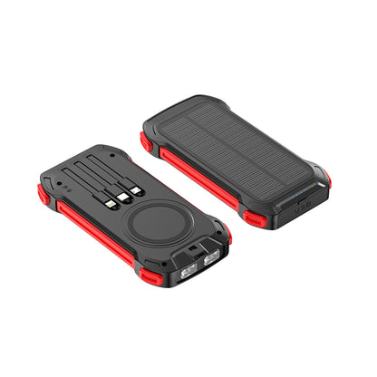 The images show two portable red power banks with rugged designs, featuring built-in solar panels, multiple charging ports, and possibly other useful features like a flashlight or compass.