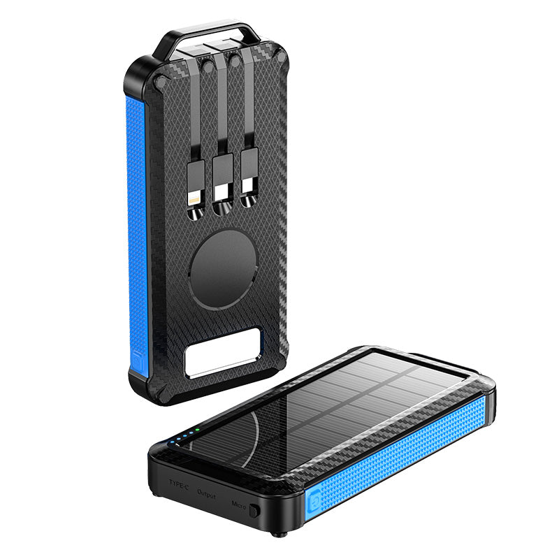 The picture shows a blue portable solar power bank with a rugged design, featuring a solar panel on one side for charging, multiple output ports on the other side, and a handle for easy carrying.