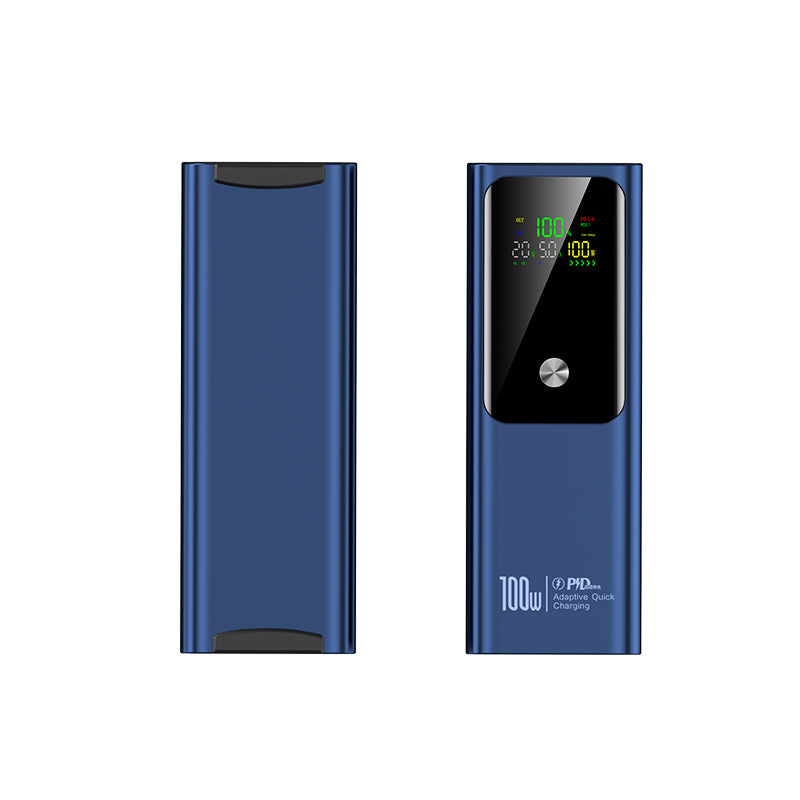 This image shows a pair of blue power banks with a rectangular shape.Each power bank has a sleek,a digital display and it ensures you stay connected.