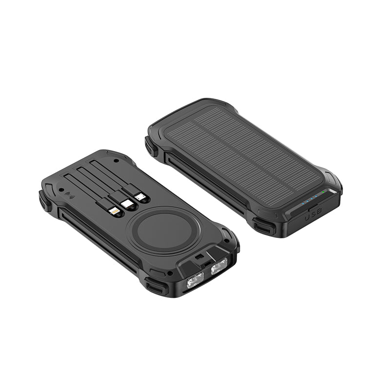 The images show two portable black power banks with rugged designs, featuring built-in solar panels, multiple charging ports, and possibly other useful features like a flashlight or compass.