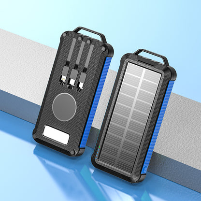 Pictured is a sturdy, portable blue solar power bank with multiple charging ports and a solar panel on the other for charging.