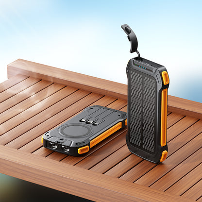 The picture shows two portable power banks with rugged designs and yellow accents, one with a solar panel and both equipped with multiple charging ports.
