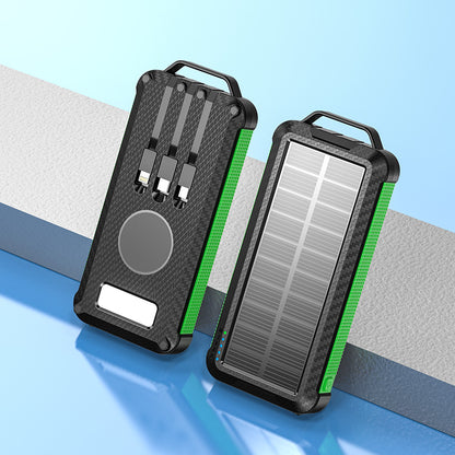 Pictured is a sturdy, portable green solar power bank with multiple charging ports and a solar panel on the other for charging.