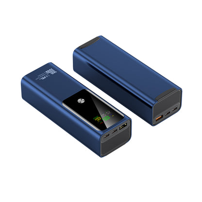 The image shows two blue power banks with a very digital display, 100W capacity and the way of output can meet the multiple needs for your devise.