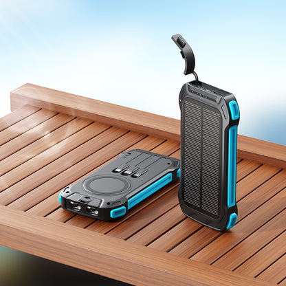 The picture shows two portable power banks with rugged designs and blue accents, one with a solar panel and both equipped with multiple charging ports.
