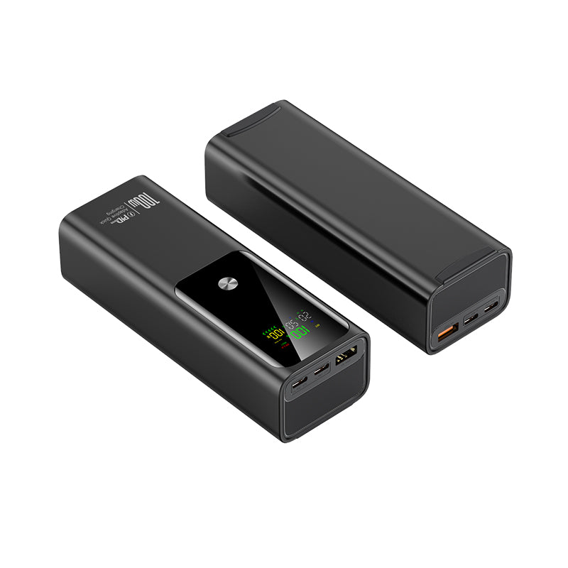 The image shows two black power banks with a very digital display, 100W capacity and the way of output can meet the multiple needs for your devise.