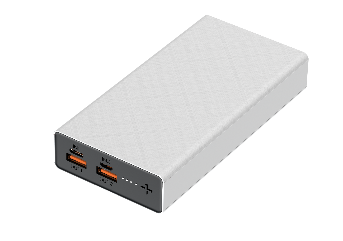 The picture shows a white portable power bank with two input ports (IN1 and IN2) and two output ports (OUT1 and OUT2), all indicated by red lights.
