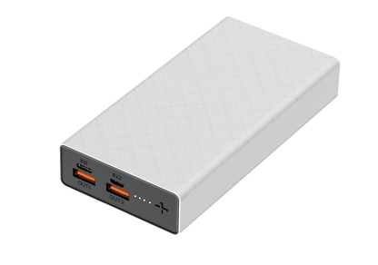 The picture shows a white portable power bank with two input ports (IN1 and IN2) and two output ports (OUT1 and OUT2), all indicated by red lights.
