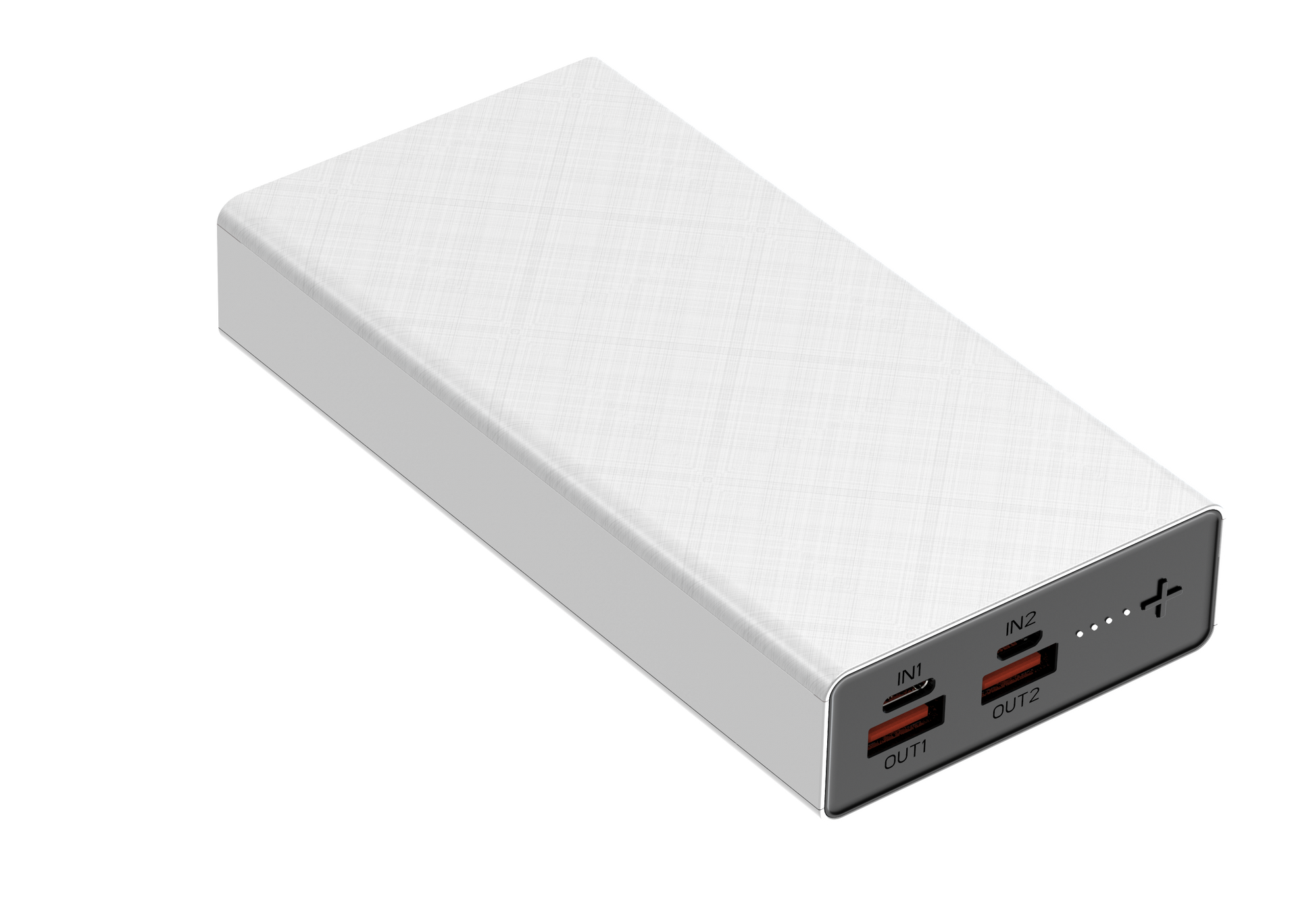 The picture shows a white portable power bank with two input ports (IN1 and IN2) and two output ports (OUT1 and OUT2), all indicated by red lights.
