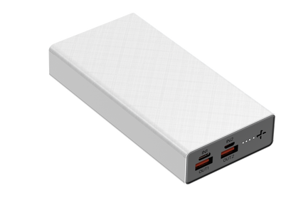 The picture shows a white portable power bank with two input ports (IN1 and IN2) and two output ports (OUT1 and OUT2), all indicated by red lights.
