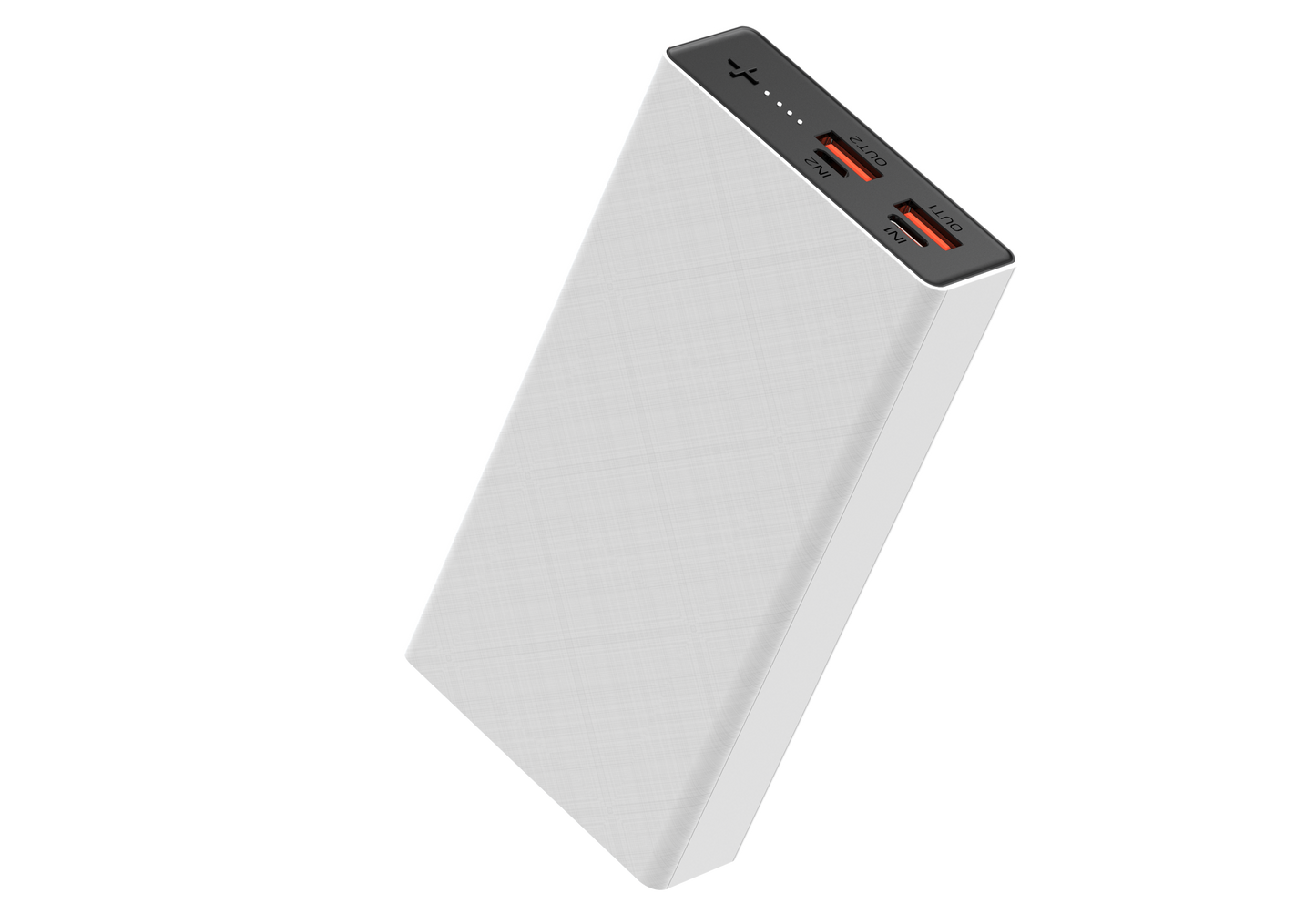 The picture shows a white portable power bank with two input ports (IN1 and IN2) and two output ports (OUT1 and OUT2), all indicated by red lights.
