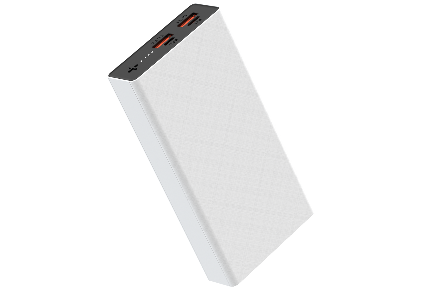 The picture shows a white portable power bank with two input ports (IN1 and IN2) and two output ports (OUT1 and OUT2), all indicated by red lights.
