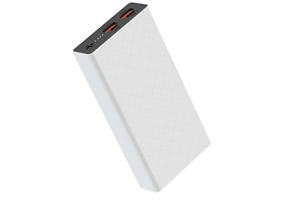 The picture shows a white portable power bank with two input ports (IN1 and IN2) and two output ports (OUT1 and OUT2), all indicated by red lights.
