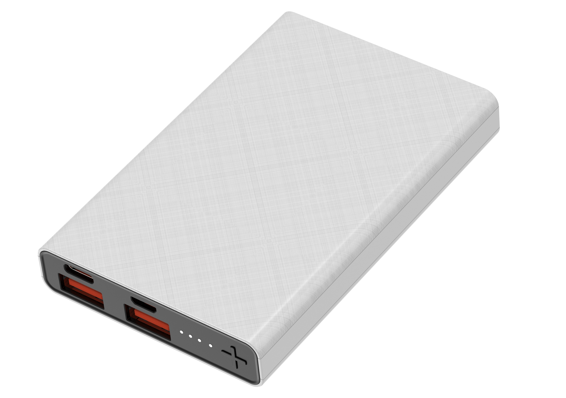 The picture shows a white portable power bank with two input ports (IN1 and IN2) and two output ports (OUT1 and OUT2), all indicated by red lights.
