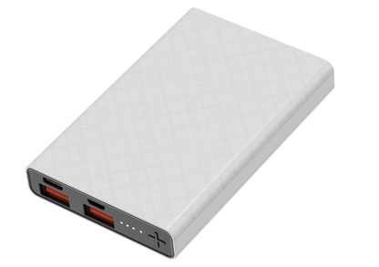 The picture shows a white portable power bank with two input ports (IN1 and IN2) and two output ports (OUT1 and OUT2), all indicated by red lights.
