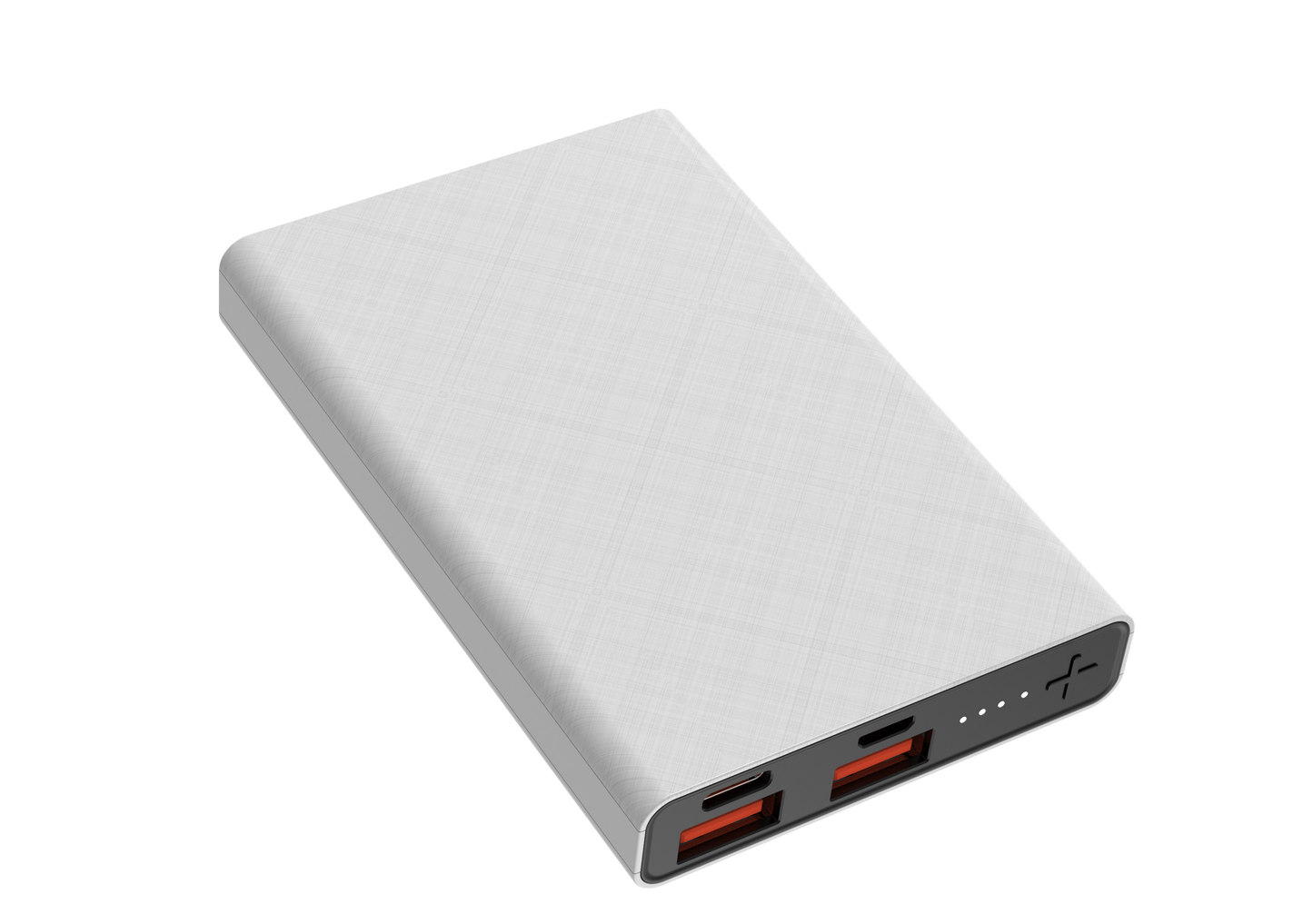 The picture shows a white portable power bank with two input ports (IN1 and IN2) and two output ports (OUT1 and OUT2), all indicated by red lights.
