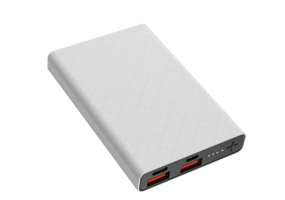 The picture shows a white portable power bank with two input ports (IN1 and IN2) and two output ports (OUT1 and OUT2), all indicated by red lights.
