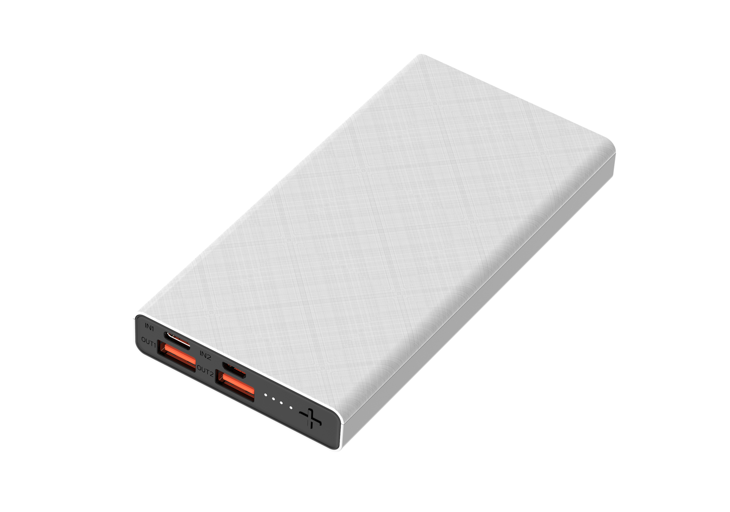 The picture shows a white portable power bank with multiple input and output ports, including lit ports, indicating its charging and discharging capabilities.
