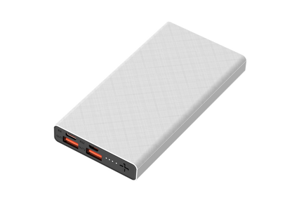 The picture shows a white portable power bank with multiple input and output ports, including lit ports, indicating its charging and discharging capabilities.
