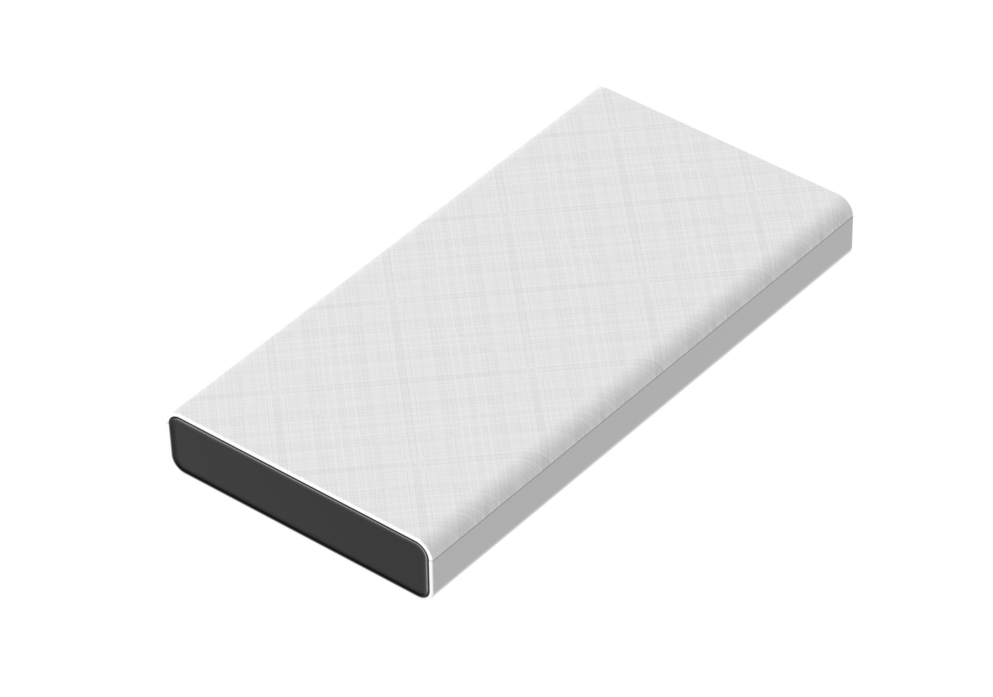 The picture shows a simple rectangular power bank, white on the outside and black on the inside, with a fabric pattern.