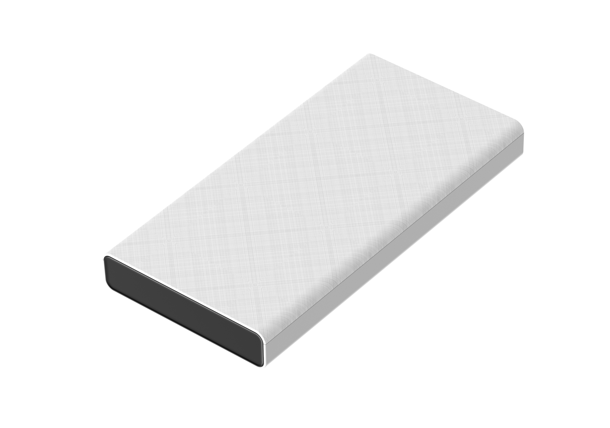 The picture shows a simple rectangular power bank, white on the outside and black on the inside, with a fabric pattern.