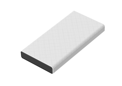 The picture shows a simple rectangular power bank, white on the outside and black on the inside, with a fabric pattern.