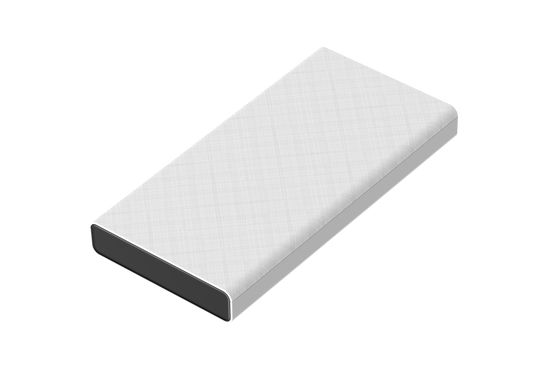 The picture shows a simple rectangular power bank, white on the outside and black on the inside, with a fabric pattern.