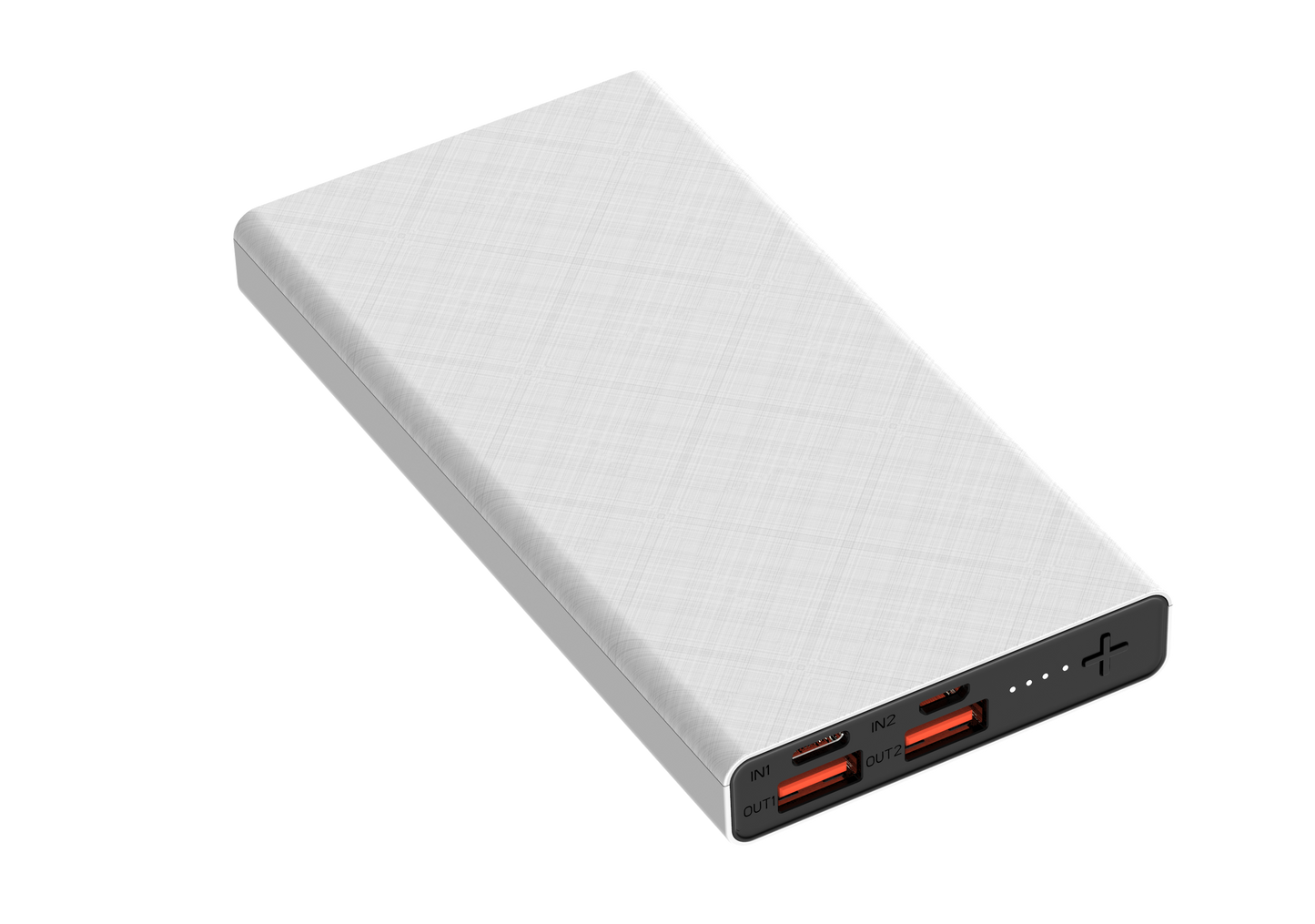 The picture shows a white portable power bank with two input ports (IN1 and IN2) and two output ports (OUT1 and OUT2).
