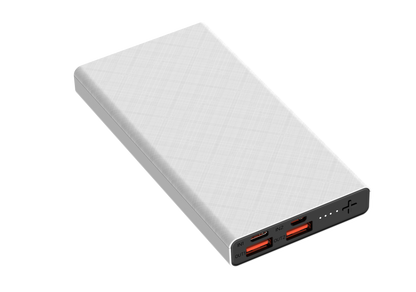 The picture shows a white portable power bank with two input ports (IN1 and IN2) and two output ports (OUT1 and OUT2).
