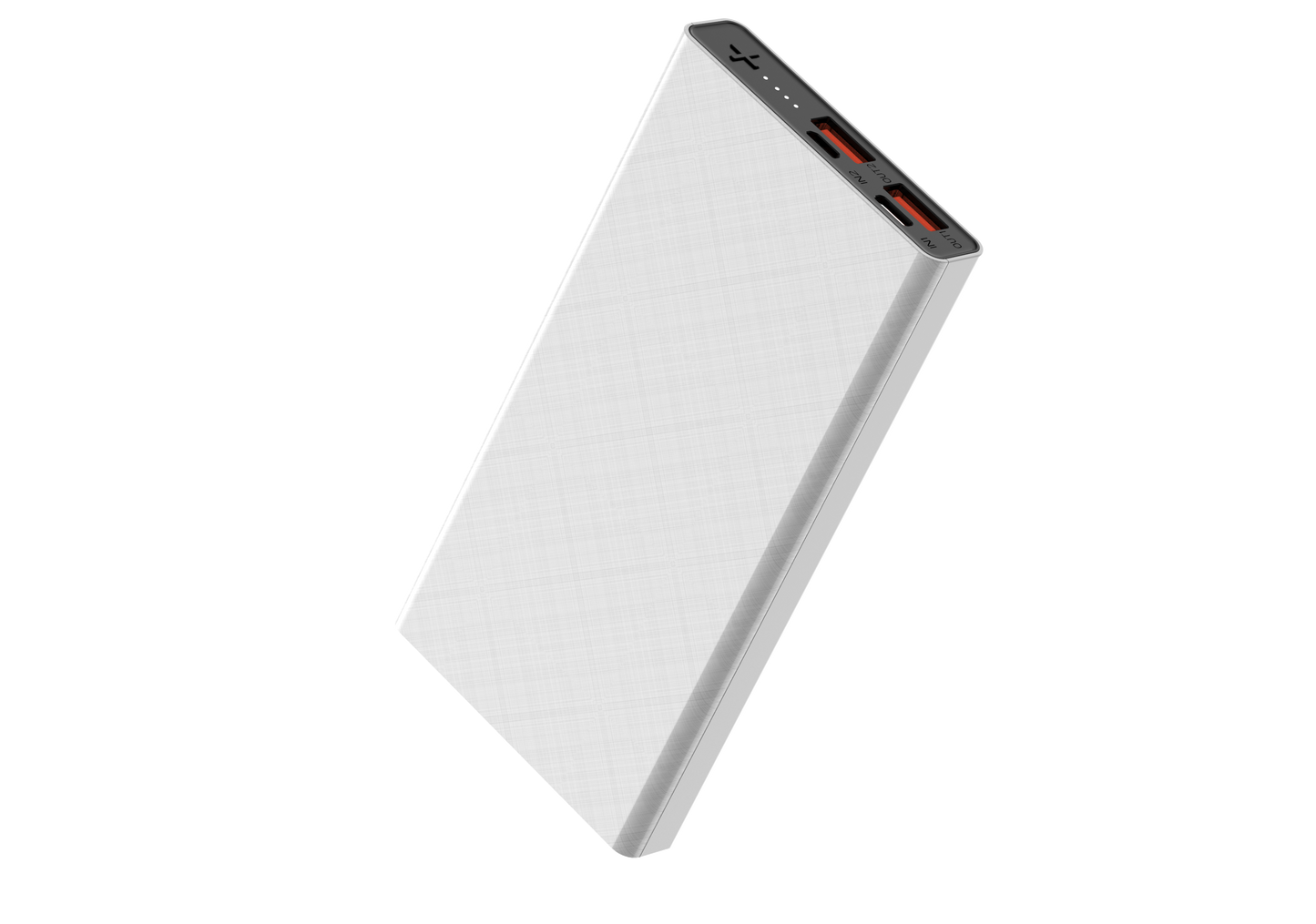 The picture shows a sleek, white portable power bank with multiple ports, including lit charging port, indicating its functionality.
