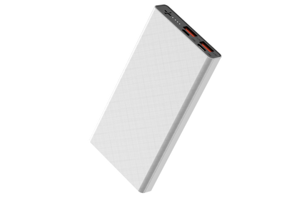 The picture shows a sleek, white portable power bank with multiple ports, including lit charging port, indicating its functionality.
