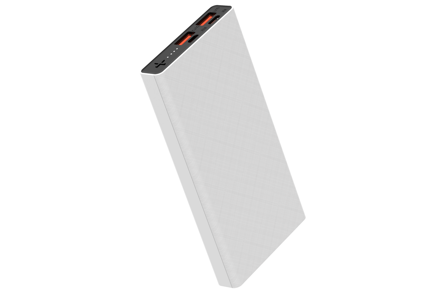 The picture shows a sleek, white portable power bank with multiple ports, including lit charging port, indicating its functionality.