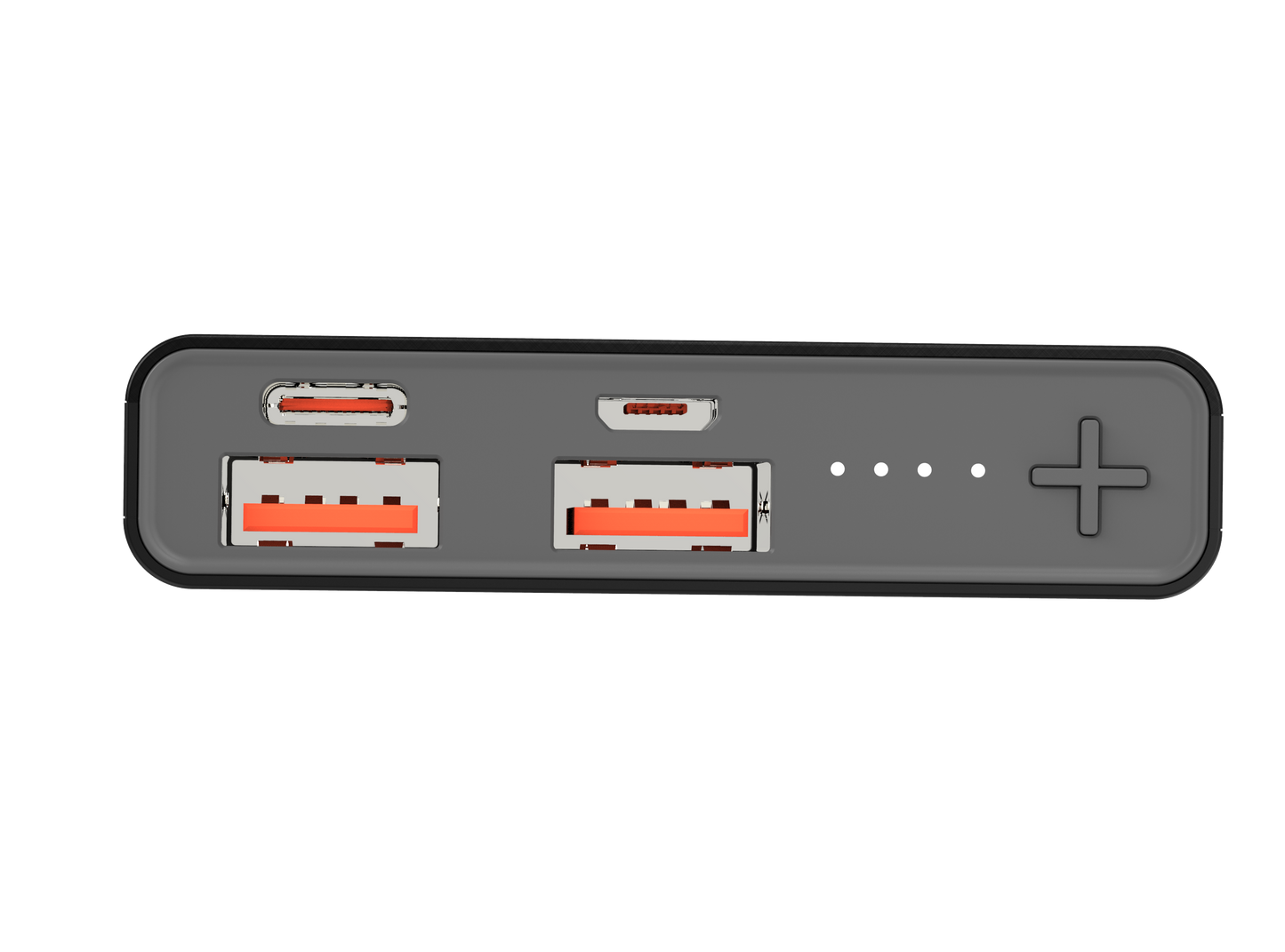 The picture shows a portable power bank with two input ports labeled IN1 and IN2, two output ports labeled OUT1 and OUT2, and a plus sign button on the right side.
