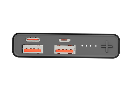 The picture shows a portable power bank with two input ports labeled IN1 and IN2, two output ports labeled OUT1 and OUT2, and a plus sign button on the right side.
