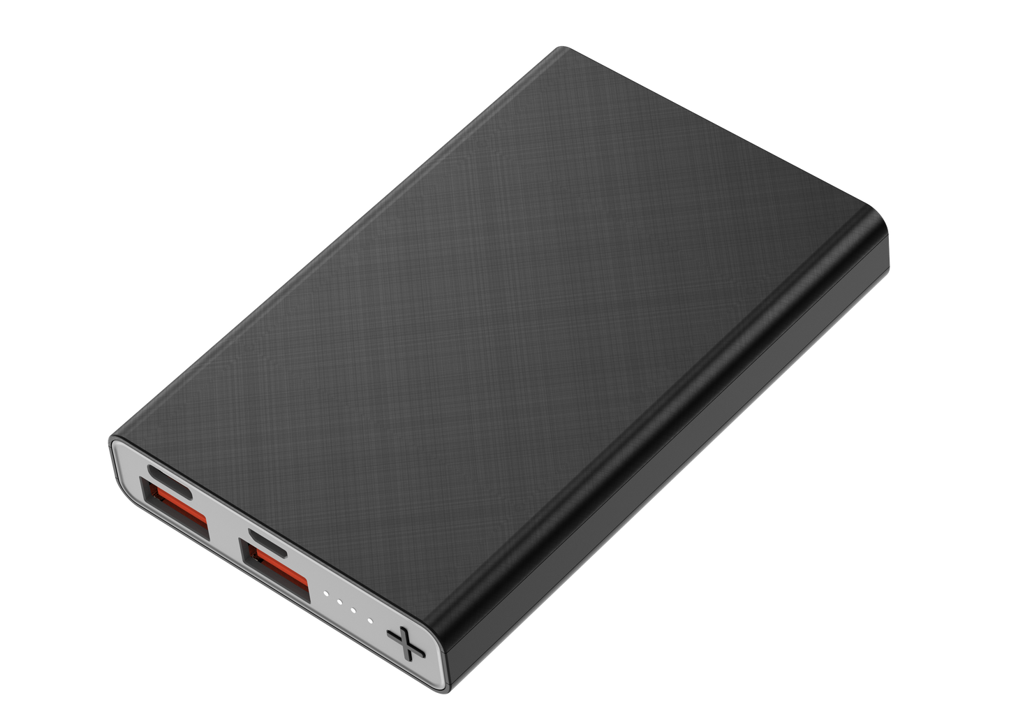 The picture shows a black portable power bank with multiple input and output ports, including two red - lit ports, indicating its charging and discharging capabilities.
