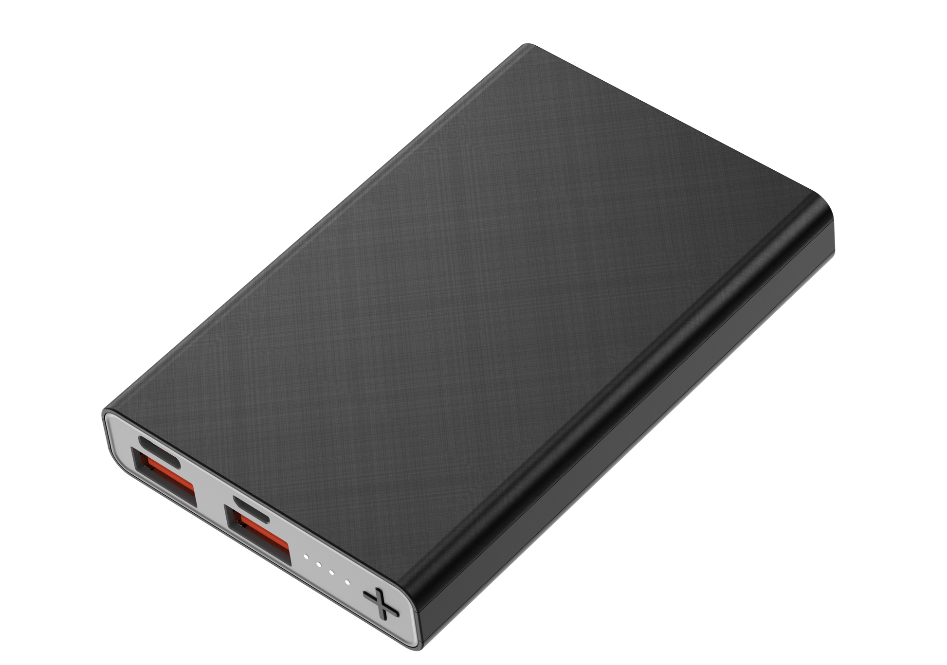 The picture shows a black portable power bank with multiple input and output ports, including two red - lit ports, indicating its charging and discharging capabilities.
